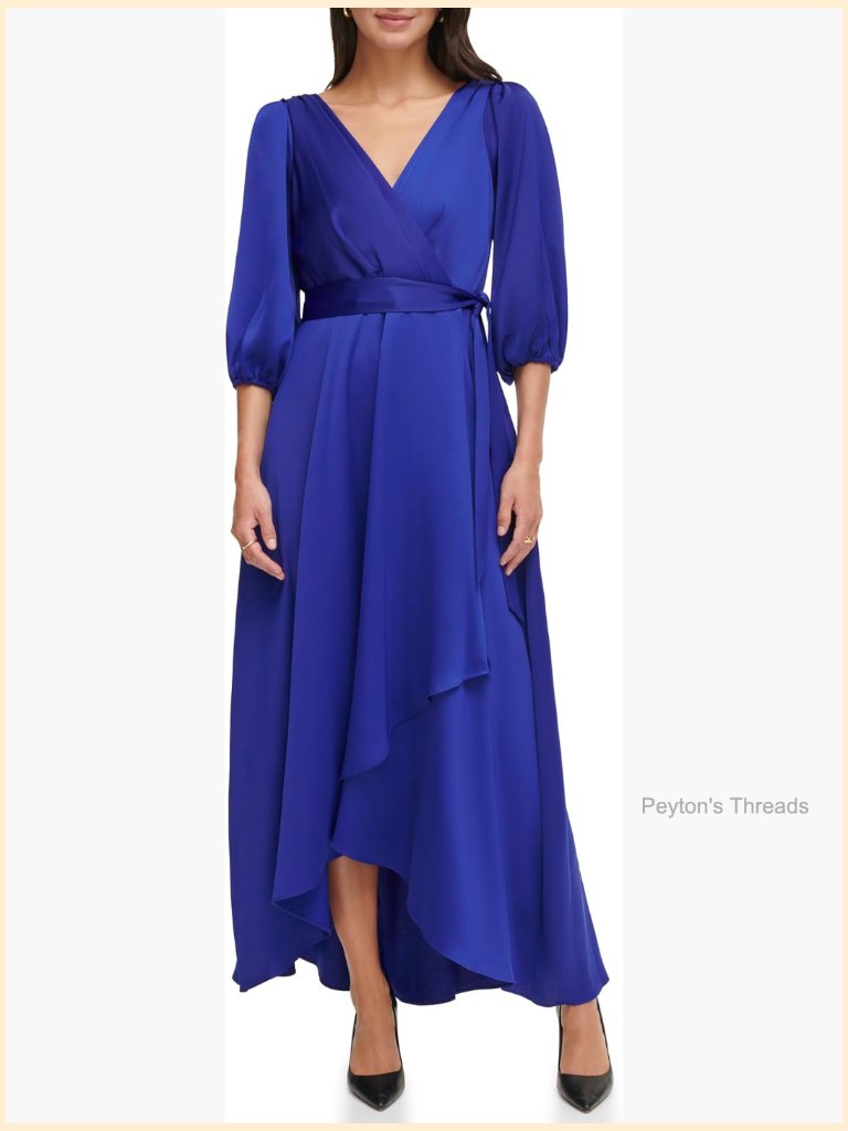 Maxi Dress With Long Balloon Sleeve Faux Wrap Satin V-Neck